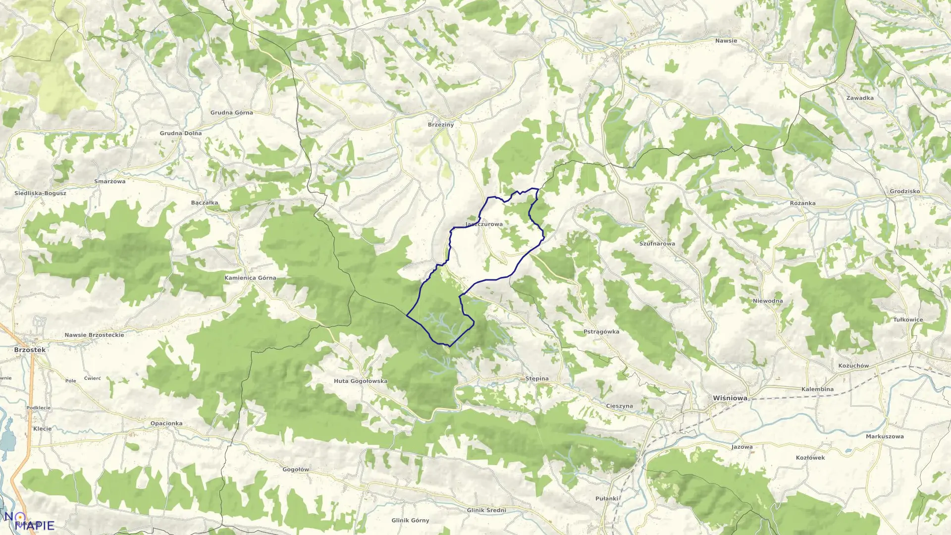 Mapa obrębu JASZCZUROWA w gminie Wiśniowa