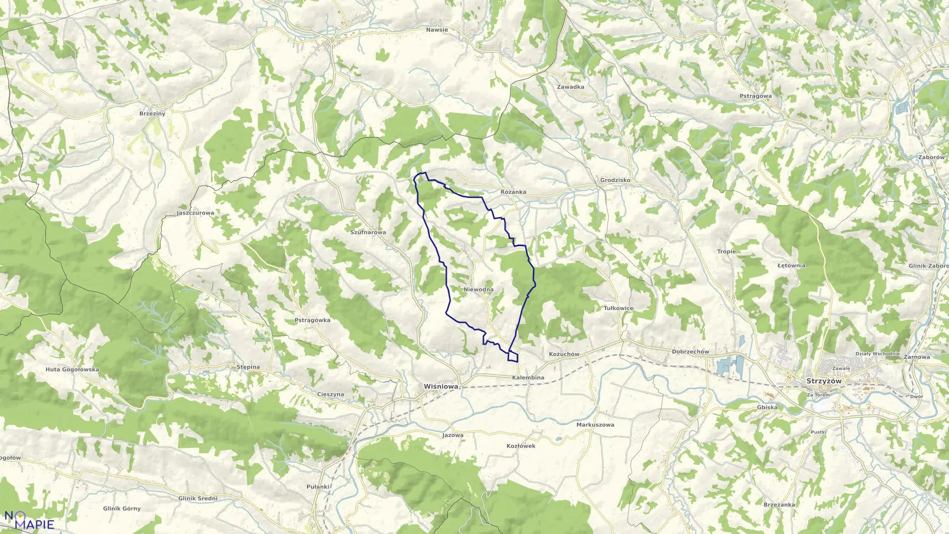 Mapa obrębu NIEWODNA w gminie Wiśniowa